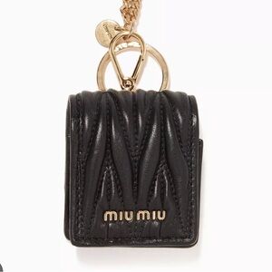 Miu Miu Black Matelassé AirPods Case with Gold Lanyard